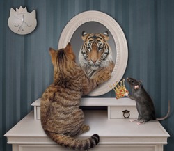 The biege cat stares his reflection in the mirror at home. He sees a tiger there. A black rat gives a gold crown to him.