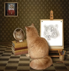 A cat looks at his reflection in a mirror. It sees a tiger there.