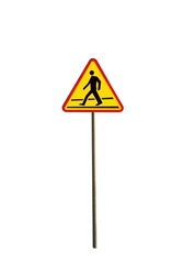 Triangle warning sign pedestrian crossing on white background