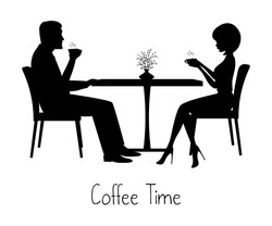 Coffee time concept. There are silhouettes of man and woman during coffee time. A young man and a young woman are sitting at a table and drinking coffee. Vector illustration in black-and-white tones