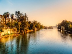 A view for the river Nile in the golden hour taken from El Manial district of Cairo, located on Rhoda Island in the Nile.