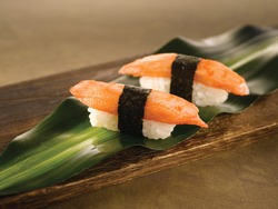 Japanese Food Crab Stick Nigiri Kani Fumi Sushi Closeup Stock Photo On Pandan Leaf With Beautiful Plate And Background