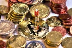 Golden bitcoin Euro background. Bitcoin cryptocurrency