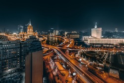Novoarbatsky bridge, Government Building, Ukraine Hotel during night in Moscow
