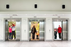 summer autumn winter family in Three elevator doors in corridor of office building collage