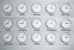 15 wall clocks showing time in different capitals of world, collage