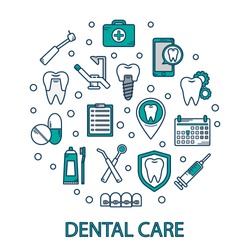Vector illustration of dental care in a linear style. Dental clinics background for web site. Orthodontics, implants. Dental icons.