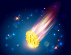 Bitcoins falls, 3d isometric vector illustration with cryptocurrency symbol falling from space like a comet, light splashes, stars, beautiful concept of financial failure