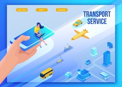 Mobile transportation online service landing page template, travel booking app concept with 3d isometric vector flat icons of smartphone, airplane, bus, electric scooter, girl searching in internet