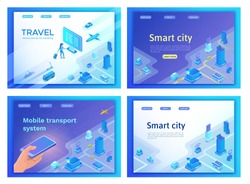 Mobile transportation online service landing page template set, travel booking app concept, 3d isometric vector, smart city, smartphone, airplane, bus, girl searching in internet, ux design