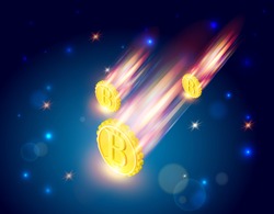 Bitcoins falls, 3d isometric vector illustration with cryptocurrency symbol falling from space like a comet, light splashes, stars, beautiful concept of financial failure