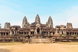 Angkor wat complex of temples in Cambodia siem reap. travel Concept. buddhist temple in the jungle forest. popular tourist destination in Asia. stone murals and sculptures of ankor tom. Khmer pagoda