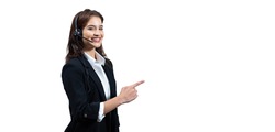 Attractive business woman in suits and headsets are smiling while working isolate with path on white background. Customer service assistant working in office. VOIP Helpdesk headset. Panorama banner 