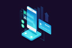 Concept of mobile payments, personal data protection. Transfer money from card. Isometric image of smartphone and bank card on dark background. Cryptocurrency and blockchain. Vector illustration.