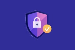 Shield icon with a lock on a blue background. A positive result of entering personal data. The concept of protecting private information. Vector flat illustration.