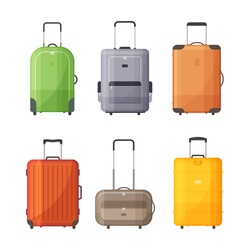 Suitcases with handle for travel. Set of bags for travel. Vector illustration.
