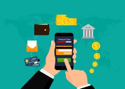 Money transaction, business, mobile banking and mobile payment. Vector illustration. Flat design. EPS10.