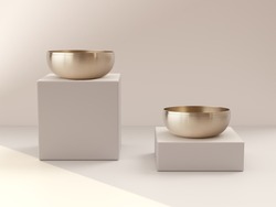 Korean high quality brass tableware on the white podium. Front view.
