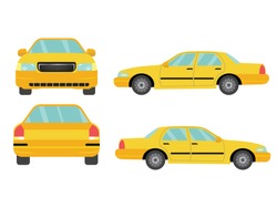 Set of yellow sedan car view on white background,illustration vector,Side, front, back