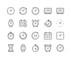 Minimal Set of Time and Clock Line Icons. Editable Stroke. 48x48 Pixel Perfect.