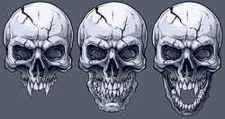 Detailed graphic realistic cool black and white human skulls with sharp canines and cracks. On gray background. Vector icon set.