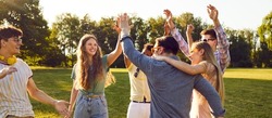 Bunch of happy young friends all together having fun on warm sunny day in summer park. Diverse group of cheerful joyful positive people standing on green lawn, smiling and giving each other high five
