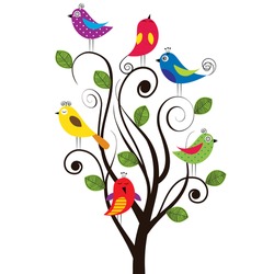 Spring tree with colorful and funny birds