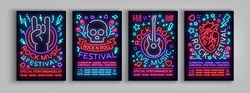 Rock Festival set of posters in neon style. Collection neon sign, an invitation to the concert brochure on roknrol music, bright banner, flyer for festivals, parties and concerts. Vector illustration