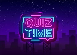 Quiz Time announcement poster neon signboard vector. Pub Quiz vintage styled neon glowing letters shining, Light Banner, Questions team game.Vector illustration. Billboard