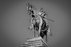 Outdoor bronze statue of Giuseppe Garibaldi (1807 - 1882) in Milan, Lombardy, Italy; an Italian general, patriot, revolutionary and republican; vignetting, spotlight effect