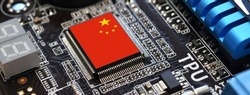 China flag on a processor, central processing unit CPU or microchip on a motherboard. Concept for the battle of global microchips production between China, Taiwan, Korea and USA. image web banner.