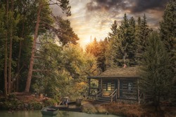 Forester Cabin by the river in the forest (illustration of a fictional situation, in the form collage of photos)