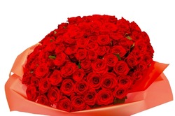 Bouquet of one hundred red roses. Gift for Valentine's Day. Red roses as a background.