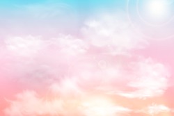 Sun and clouds background with a soft pastel color. Fantasy magical sunny sky pastel background with colorful cloudy sky, fluffy white cloud. Freedom concept. Vector illustration.