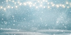 Christmas, Snowy  background with light garlands, falling snow, snowflakes,  snowdrift for winter and new year holidays. Holiday winter landscape. Vector.