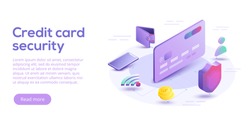 Credit card security isometric vector illustration. Online payment protection system concept with smartphone and wallet. Secure bank transaction with password verification via internet.  