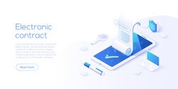 Electronic contract or digital signature concept in isometric vector illustration. Online e-contract document sign via smartphone or laptop. Website or webpage layout template. 