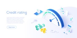 Credit score or rating concept in isometric vector illustration. Loan history meter or scale for creditworthiness report. Web banner layout template.