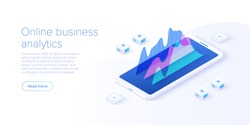 Online business analysis strategy isometric vector illustration. Data analytics for company marketing solutions or financial performance. Budget accounting or statistics concept.