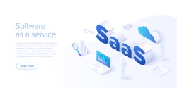 Saas isometric vector illustration. Software as service or on-demand concept background design. Cloud computing segment metaphor. Website banner layout template for webpage.