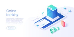 Online mobile banking transaction concept  in isometric vector design. Digital payment or online cashback service. Withdraw deposit with smartphone. Web banner for website layout template.