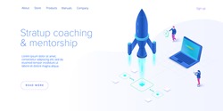Startup coaching and mentorship concept in isometric vector illustration. Business start up team launching rocket with computer and server. Creative web banner layout template design.