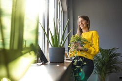 Active woman enjoying planting. Woman planting flowers. Woman plant care at home. Portrait Of Happy Arranging Potted Plants. Woman With Green Plants and Flowers at home