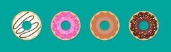 Donut vector set isolated on a green background. Donut collection. Sweet sugar icing donuts. break time with white chocolate, strawberry and chocolate donuts top view.