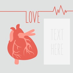 concept human heart is medicine flat design isolated and place for text on background. creative Love saves lives ekg shape vector cartoon. heartbeat in romantic cardiogram greeting card or postcard 