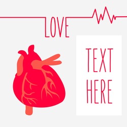 concept human heart is medicine flat design isolated and place for text on background. creative Love saves lives ekg shape vector cartoon. heartbeat in romantic cardiogram greeting card or postcard