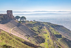 Roman amphitheater in the ruins of the ancient city of Pergamum known also as Pergamon, Izmir, Turkey.
