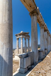 Columns of the Roman Temple of Trajan in the ruins of the ancient city of Pergamum known also as Pergamon, Turkey.