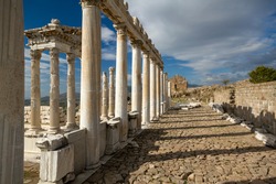 Columns of the Roman Temple of Trajan in the ruins of the ancient city of Pergamum known also as Pergamon, Turkey.