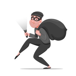 Cartoon thief walking carefully, bandit carries sack with money. Funny burglar. Vector illustration on white background